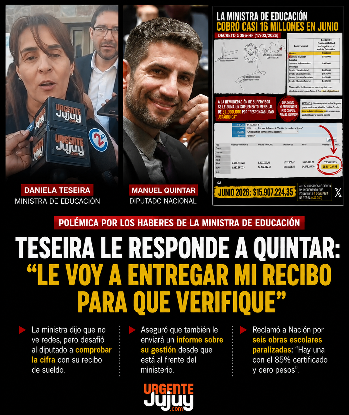 Teseira salió al cruce de Quintar por su salario: “Le voy a entregar mi recibo de sueldo”